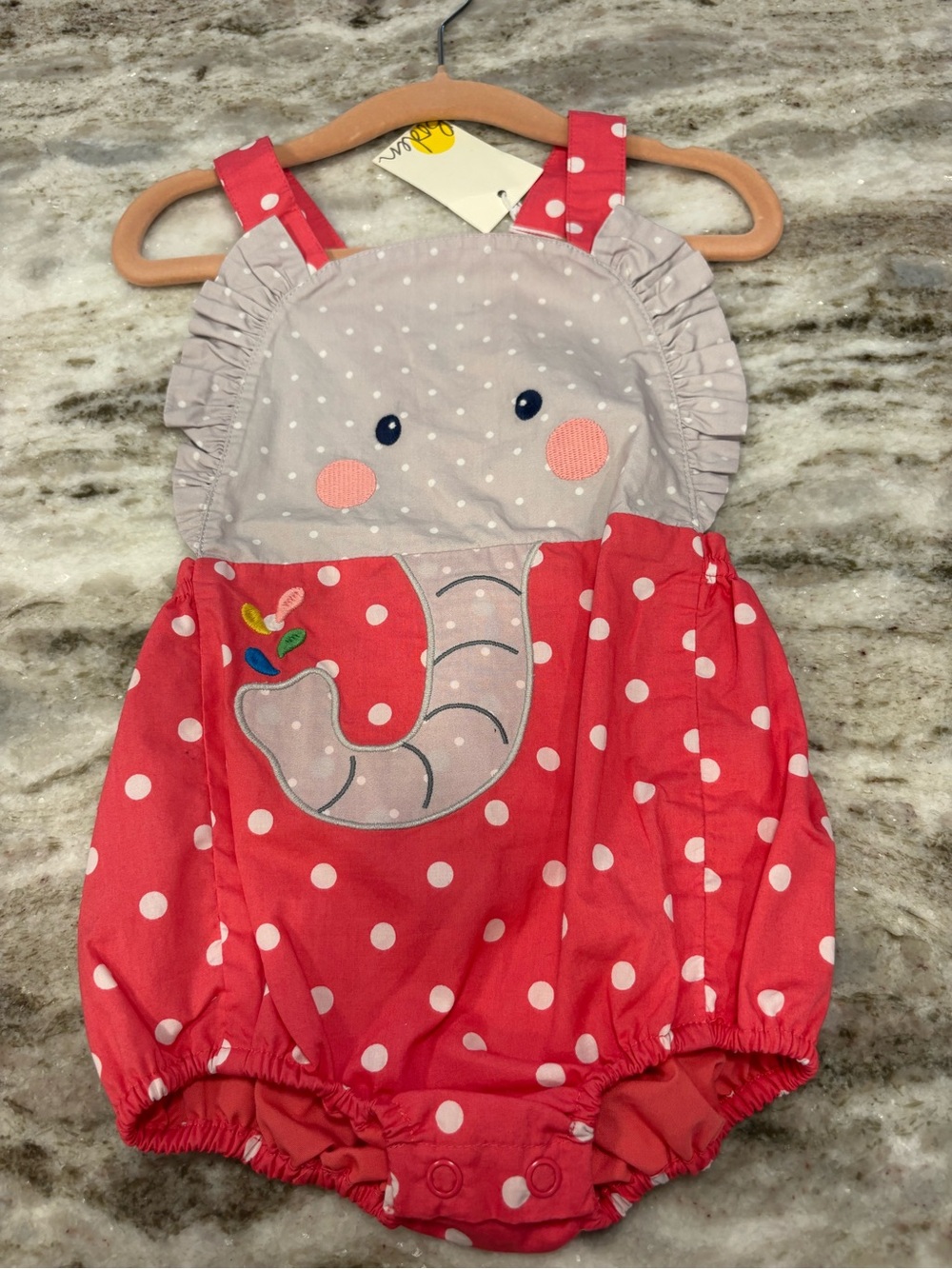 Mini Boden Red Coral and Light Gray Polka Dot Elephant Bubble Romper